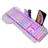 Gaming wired mechanical keyboard in white with RGB backlight and built-in phone stand