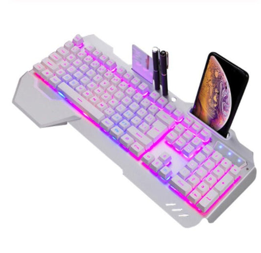 Gaming wired mechanical keyboard in white with RGB backlight and built-in phone stand