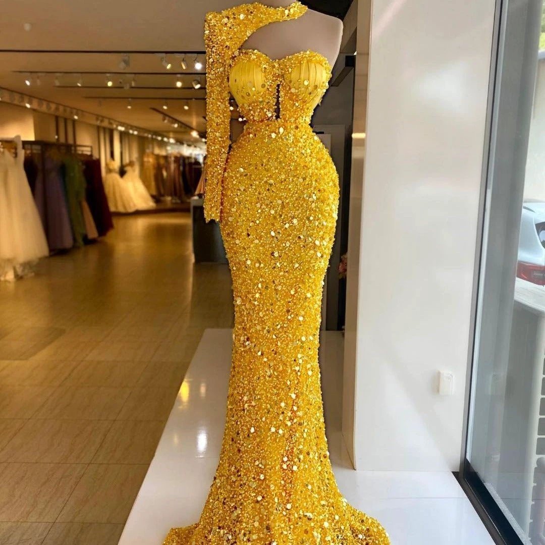 Sequined Pear Dress Embroidery Lace Asymmetric Single Sleeve Dress MANDOTOS