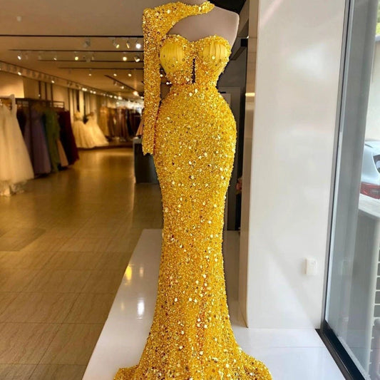 Sequined Pear Dress Embroidery Lace Asymmetric Single Sleeve Dress MANDOTOS