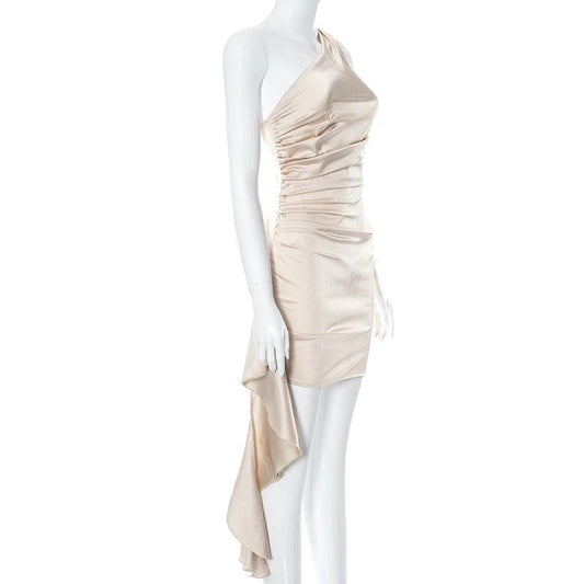 One-shoulder Sleeveless Mini Dress Sexy Slim Backless Skirt Party Wedding Dresses Womens Clothing MANDOTOS