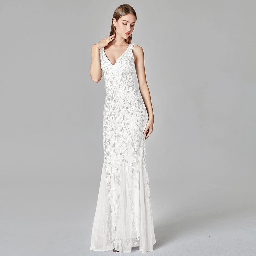 Sexy Long Dress Sleeveless V-neck Embroidered Sequin Slim Mermaid Dress MANDOTOS