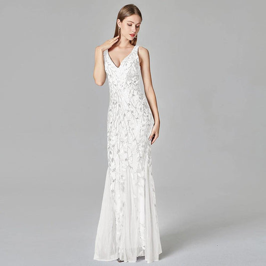 Sexy Long Dress Sleeveless V-neck Embroidered Sequin Slim Mermaid Dress MANDOTOS
