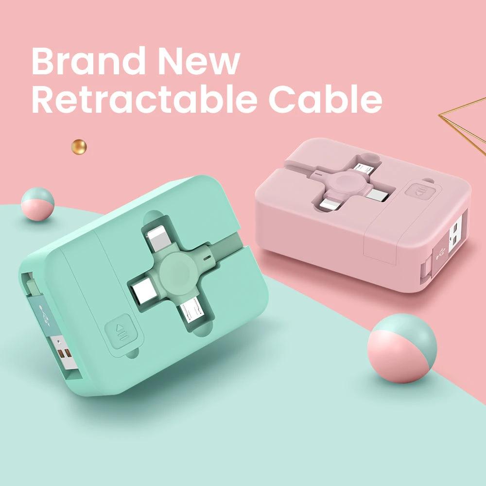 4 In 1 Retractable USB Cable Creative Macaron Type C Micro Cable For I Phone With Phone Stand Charging Data Cable Line Storage Box MANDOTOS