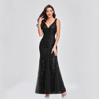 Sexy Long Dress Sleeveless V-neck Embroidered Sequin Slim Mermaid Dress MANDOTOS