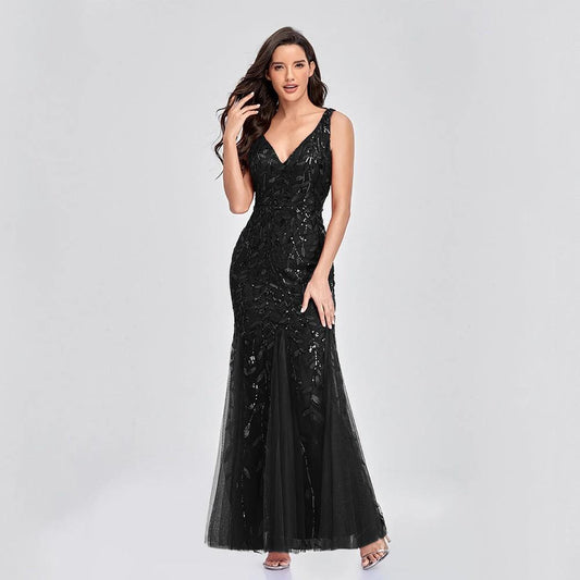 Sexy Long Dress Sleeveless V-neck Embroidered Sequin Slim Mermaid Dress MANDOTOS