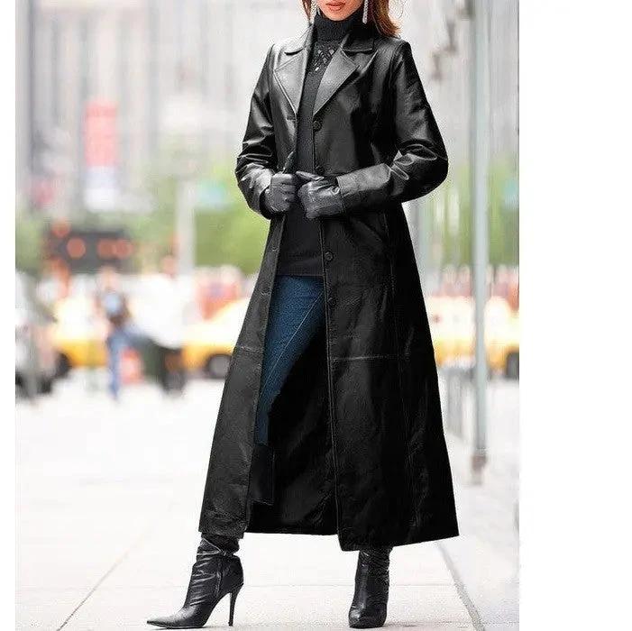 European and American women's leather coat long coat - MANDOTOS