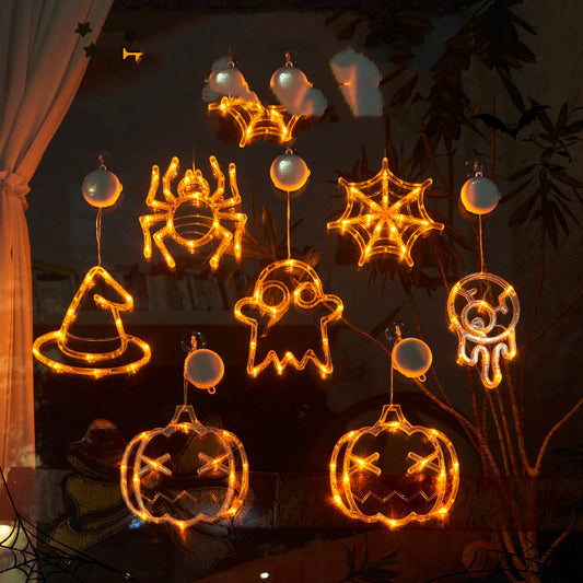Halloween Window Hanging LED Lights Spider Pumpkin Hanging Ghost Horror Atmosphere Lights Holiday Party Decorative Lights Home Decor - MANDOTOS