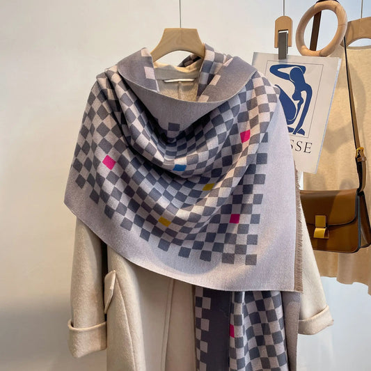 Chic Double-Sided Cashmere Checkered Scarf for Women - MANDOTOS