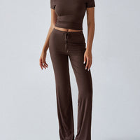 Crew Neck Short Sleeve Top & Full-Length Pants Set – Solid Color, 10 Colors