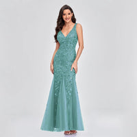 Sexy Long Dress Sleeveless V-neck Embroidered Sequin Slim Mermaid Dress MANDOTOS