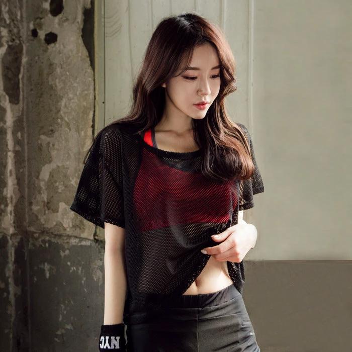 Women Yoga Shirt Hollow Out Mesh Blouse Crop Tops Sports Running Tshirt Breathable Fitness Tops Gym Clothing for Women - MANDOTOS INTERNATIONAL0