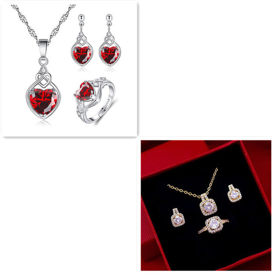Fashion Jewelry Set Zircon Gem Pendant Chain Choker Necklace For Women Gold Color Stud Earring Statement Wedding Ring - MANDOTOS