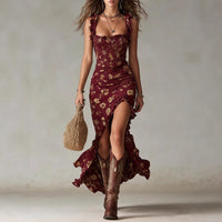 Ruffle Trim Asymmetrical Chiffon Maxi Dress – High Slit & High Waist - MANDOTOS INTERNATIONALDresses