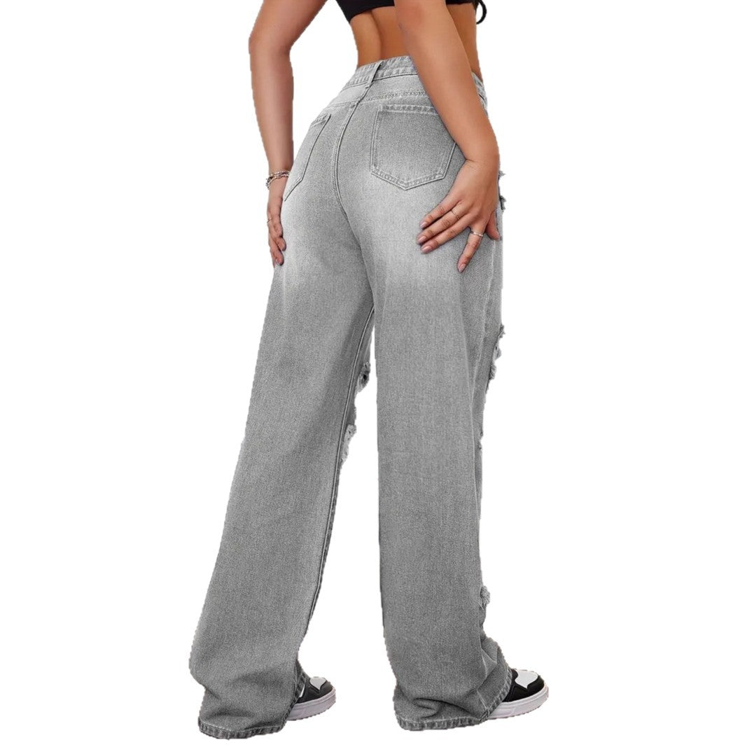 Trendy Washed Ripped Straight Jeans For Women, gray denim with ripped sides by Ancient Energy.