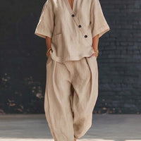 V-Neck Short Sleeve Top & High-Waist Trousers Two-Piece Set