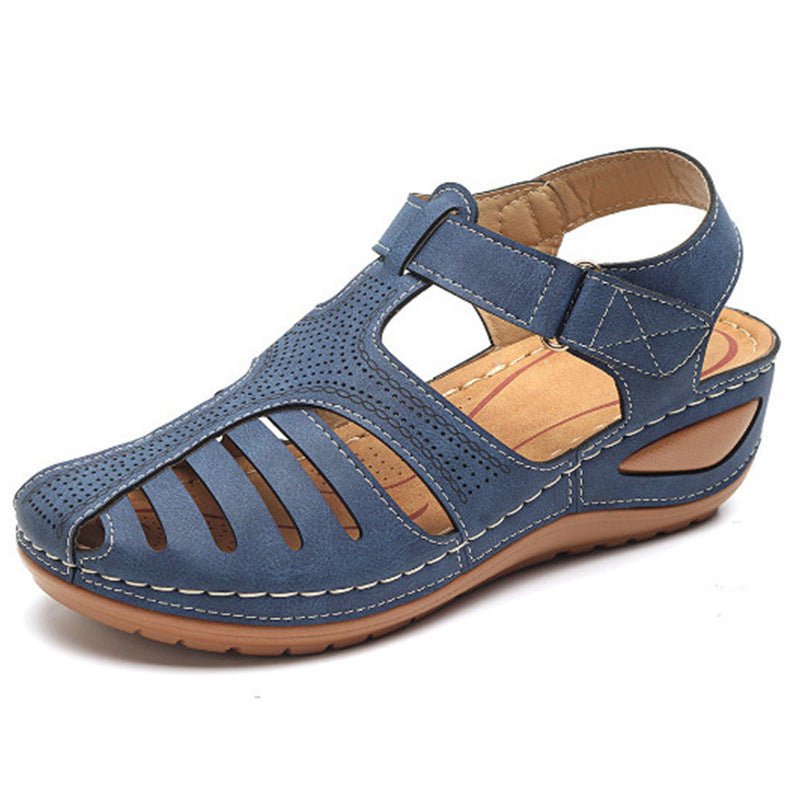 Women's Plus Size Retro Round Toe Wedge Sandals, blue with perforated upper and ankle strap.