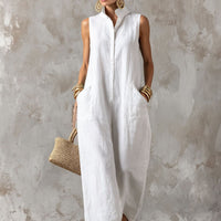 Linen Blend Sleeveless Stand-Collar Jumpsuit – 5 Colors S–3XL