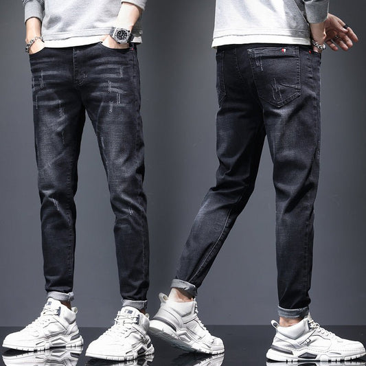 Mens ripped denim jeans with cat-whisker scratches, dark indigo, front and back views