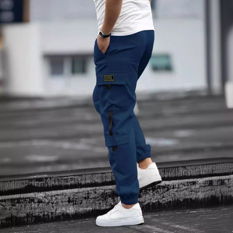 Mens Retro Jogger Casual Work Pants by Ancient Energy, navy blue cargo joggers with side pockets and zip cuffs