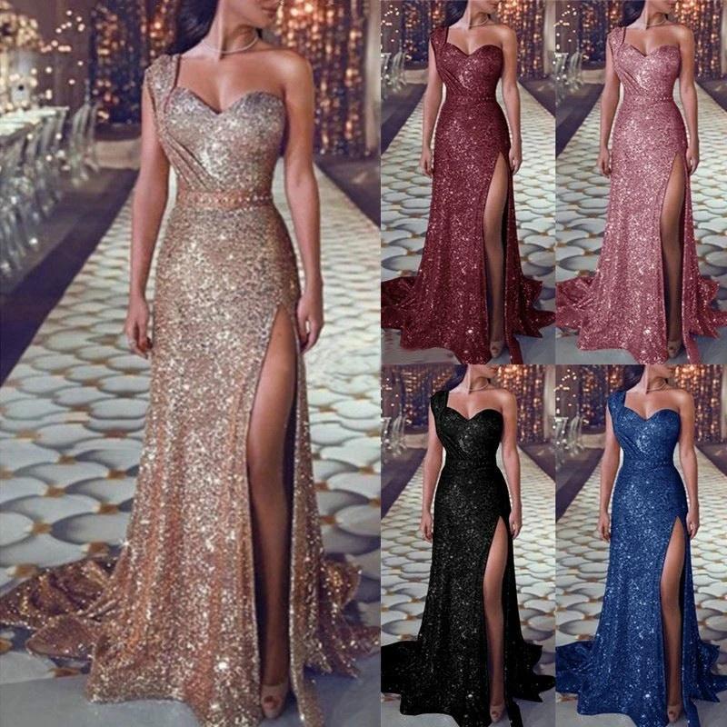 Women's Clothing One-shoulder Sleeveless Bronzing Split Dress MANDOTOS