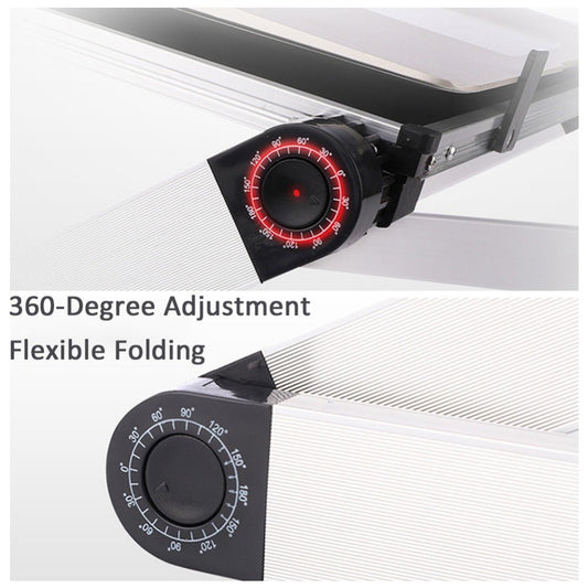 Foldable laptop stand ergonomic desk/tablet holder with silver aluminum body and 360-degree adjustment dial