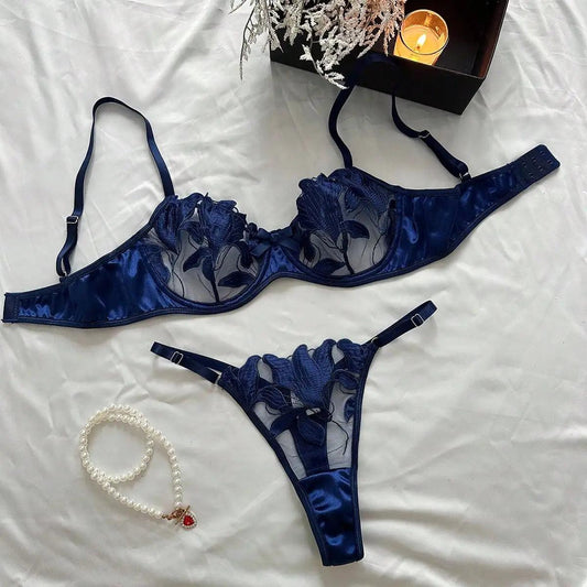 2024 Floral Embroidery Sexy Lingerie Set Women Thin Transparent Bralette Lace Push Up Bra Panty 2 Piece Sensual Lingerie Woman S - MANDOTOS