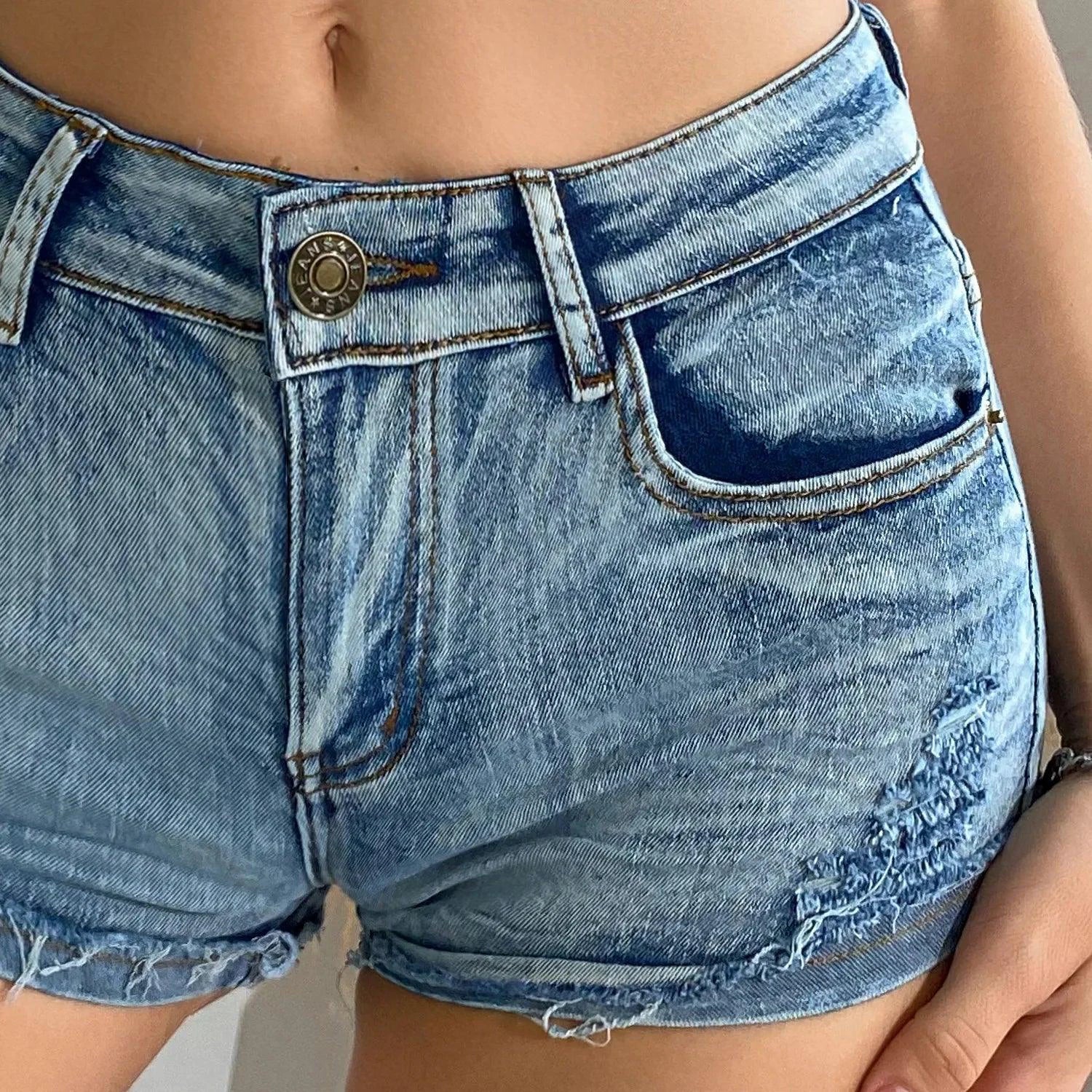 2025 Summer Vibe Women's High-Waisted Sexy Denim Shorts with Button Detail - MANDOTOS