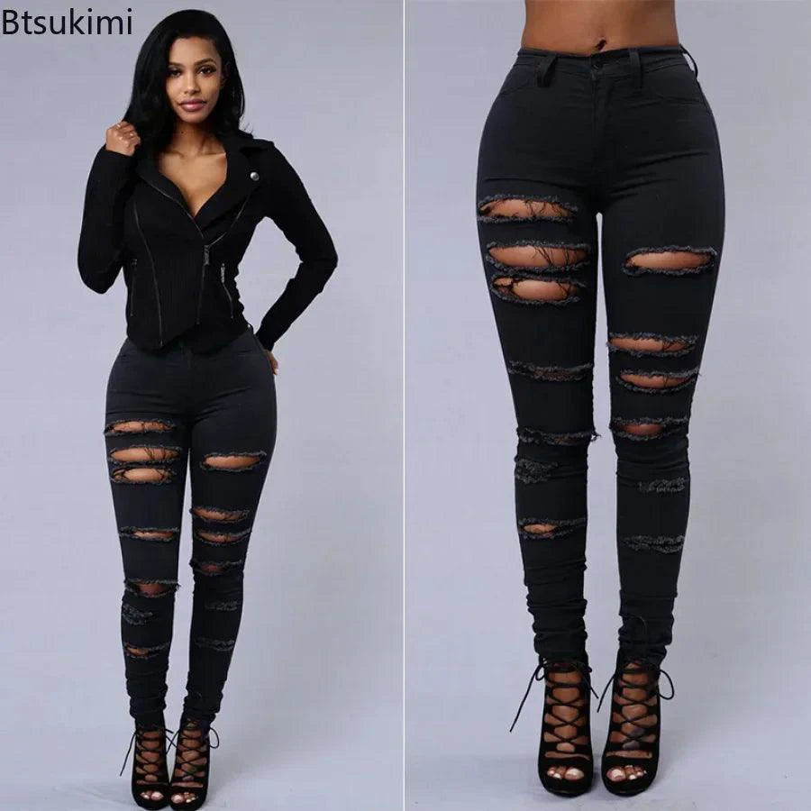 2025 Women's Stretch Skinny Ripped Hole Washed Denim Jeans Female High Waist Pencil Y2k Pants Jeans Ladies Casual Trousers Pants - MANDOTOS