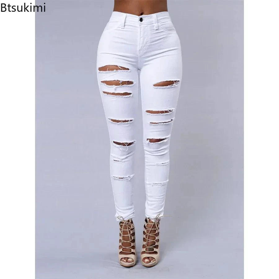 2025 Women's Stretch Skinny Ripped Hole Washed Denim Jeans Female High Waist Pencil Y2k Pants Jeans Ladies Casual Trousers Pants - MANDOTOS
