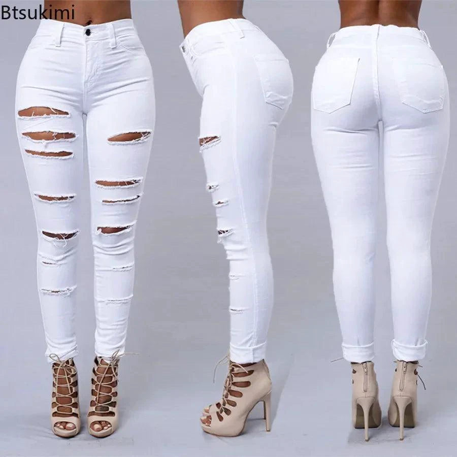 2025 Women's Stretch Skinny Ripped Hole Washed Denim Jeans Female High Waist Pencil Y2k Pants Jeans Ladies Casual Trousers Pants - MANDOTOS