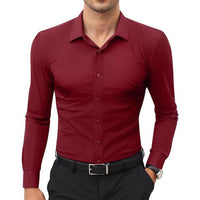 Mens slim-fit solid-color work shirt in burgundy, long-sleeve button-down