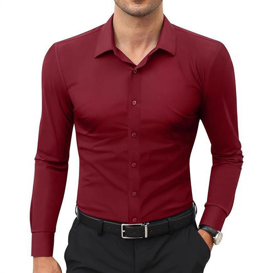 Mens slim-fit solid-color work shirt in burgundy, long-sleeve button-down