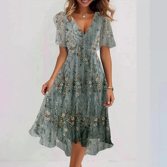 Chiffon Printed Short Sleeve Dress Summer Elegant V-neck Dresses Womens Clothing MANDOTOS