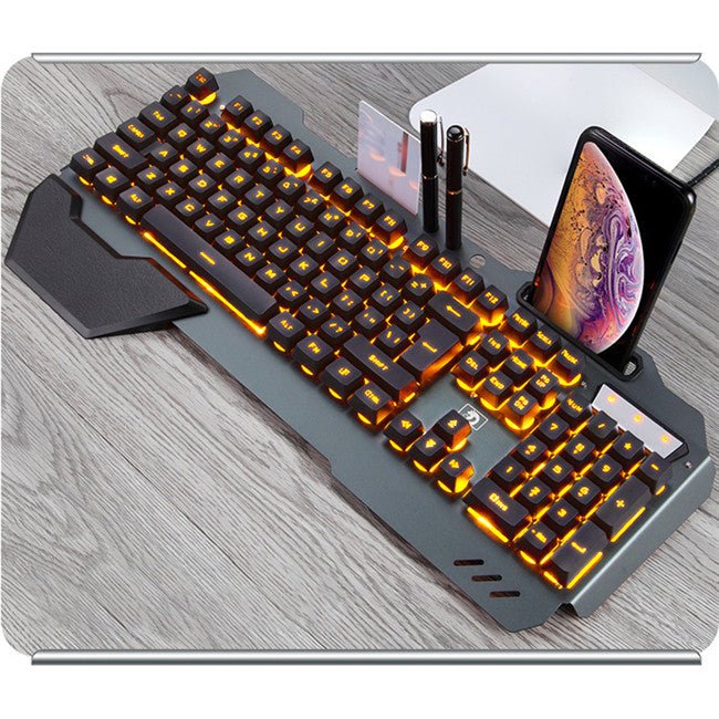 Gaming wired mechanical keyboard with orange RGB backlight and built-in palm rest by Ancient Energy