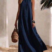 Cotton Linen Sleeveless Midi Dress – Side Slits & Loose Fit