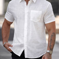 Mens short-sleeve white cotton shirt with chest pocket; lightweight linen-textured fabric.