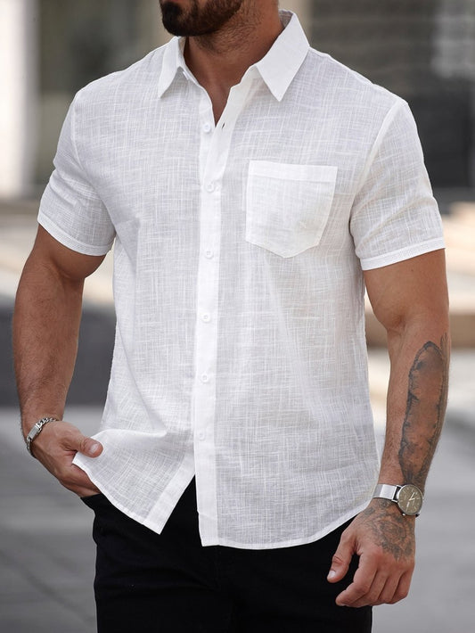 Mens short-sleeve white cotton shirt with chest pocket; lightweight linen-textured fabric.