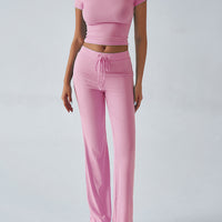 Crew Neck Short Sleeve Top & Full-Length Pants Set – Solid Color, 10 Colors