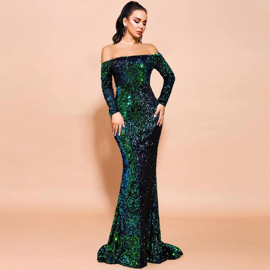 Sexy Strapless Long Sleeve Sequins Party Evening Dress MANDOTOS