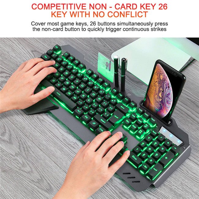 Gaming wired mechanical keyboard with green RGB backlight and compact 26-key design