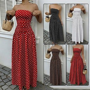 Ancient Energy polka-dot maxi dress set; strapless, high-waist, long silhouette in five color options