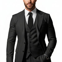 New men's black three-piece suit by Ancient Energy with jacket, vest, and pants; white shirt and black tie.