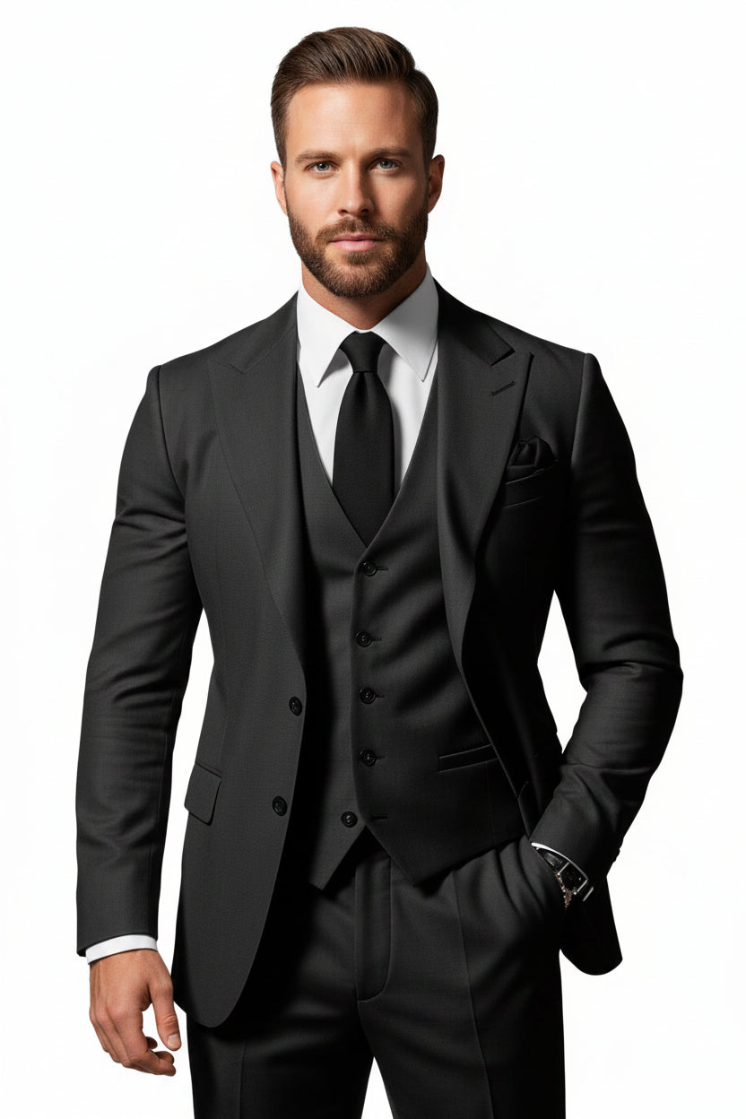 New men's black three-piece suit by Ancient Energy with jacket, vest, and pants; white shirt and black tie.