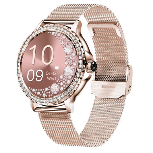 Smartwatch with Bluetooth calling, rose-gold finish, diamond bezel, mesh band