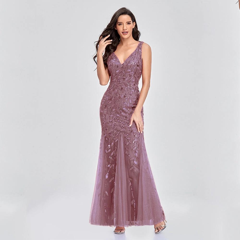 Sexy Long Dress Sleeveless V-neck Embroidered Sequin Slim Mermaid Dress MANDOTOS