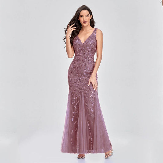 Sexy Long Dress Sleeveless V-neck Embroidered Sequin Slim Mermaid Dress MANDOTOS