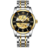 Mechanical automatic watch with skeleton gold movement and two-tone stainless steel bracelet