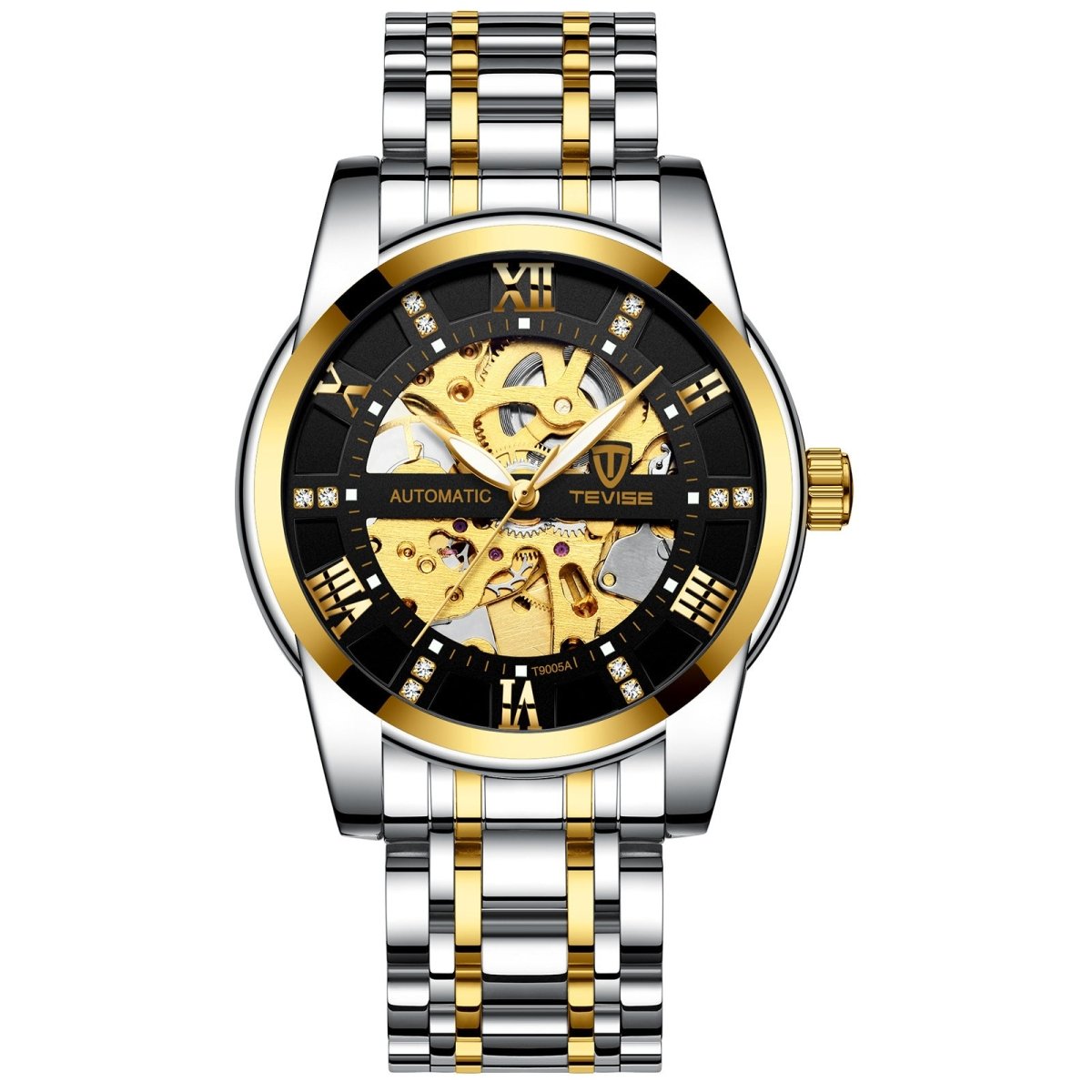 Mechanical automatic watch with skeleton gold movement and two-tone stainless steel bracelet