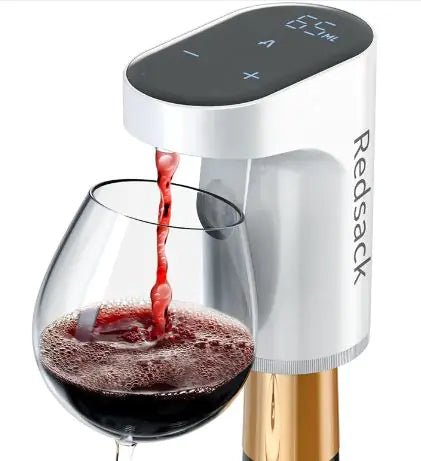 Smart Wine Pourer Redstack; white body with black top, automatic wine pourer delivering wine into a glass